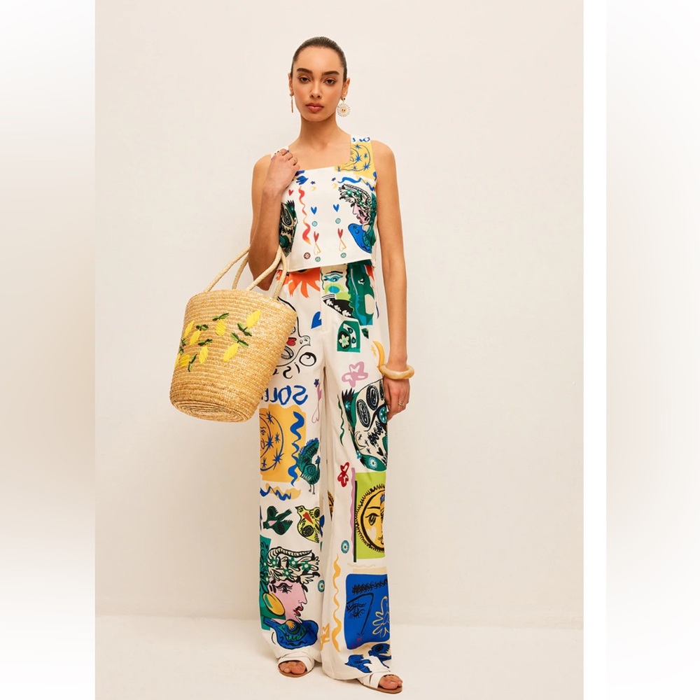 Graphic Print Crop Top With Wide-Leg Pants Set Size Medium NWT - Picture 3 of 7